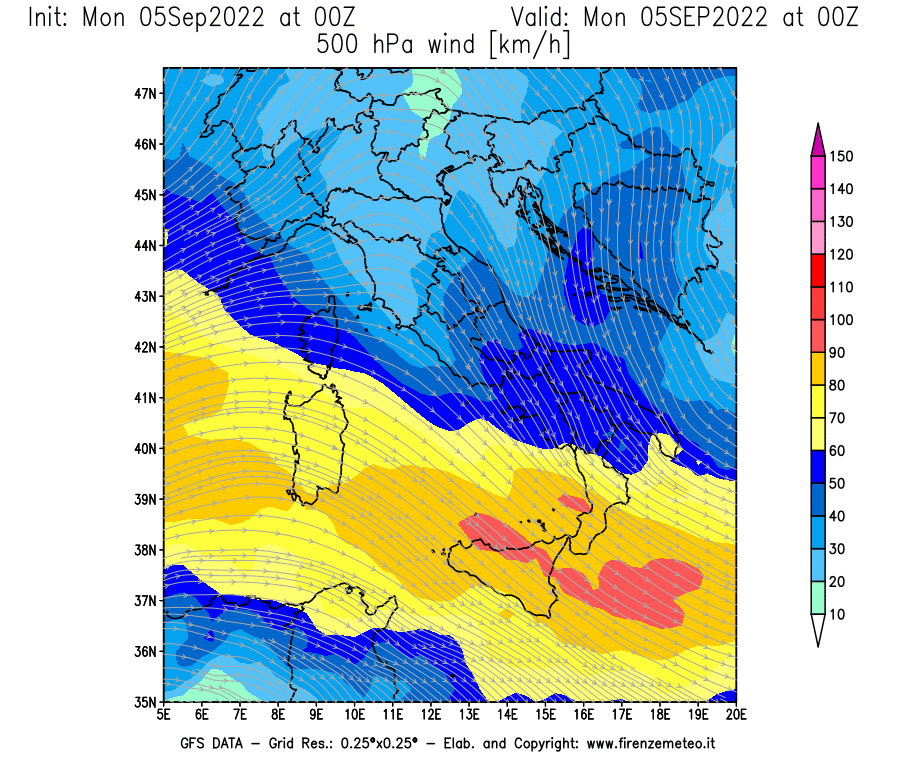 Mappa di analisi GFS - Velocità del vento a 500 hPa [km/h] in Italia
							del 05/09/2022 00 <!--googleoff: index-->UTC<!--googleon: index-->