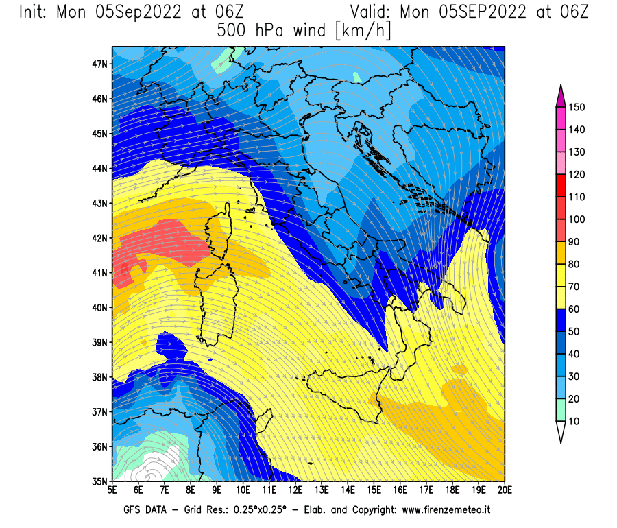 Mappa di analisi GFS - Velocità del vento a 500 hPa [km/h] in Italia
							del 05/09/2022 06 <!--googleoff: index-->UTC<!--googleon: index-->