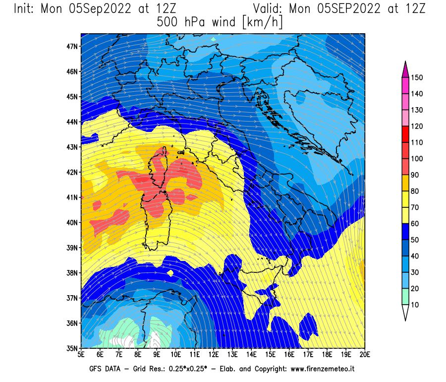 Mappa di analisi GFS - Velocità del vento a 500 hPa [km/h] in Italia
							del 05/09/2022 12 <!--googleoff: index-->UTC<!--googleon: index-->