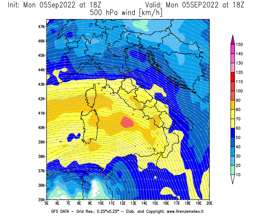 Mappa di analisi GFS - Velocità del vento a 500 hPa [km/h] in Italia
							del 05/09/2022 18 <!--googleoff: index-->UTC<!--googleon: index-->