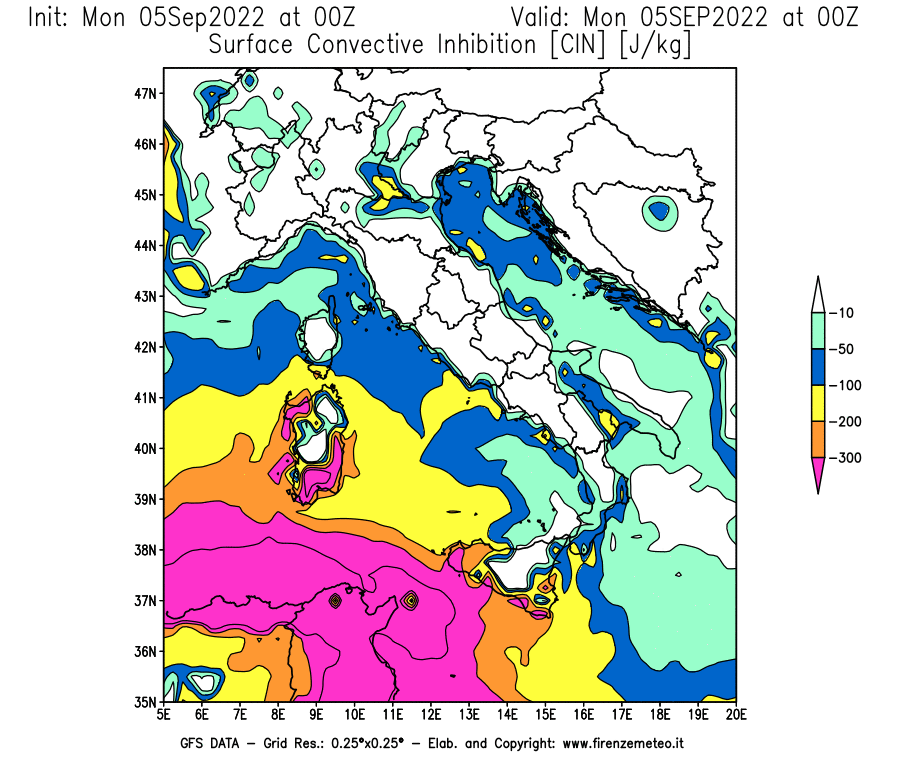 GFS analysi map - CIN [J/kg] in Italy
									on 05/09/2022 00 <!--googleoff: index-->UTC<!--googleon: index-->