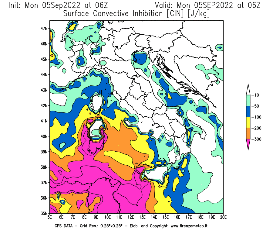 Mappa di analisi GFS - CIN [J/kg] in Italia
							del 05/09/2022 06 <!--googleoff: index-->UTC<!--googleon: index-->