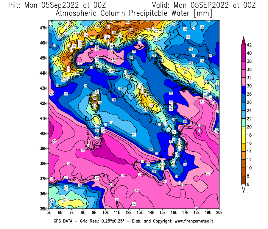 GFS analysi map - Precipitable Water [mm] in Italy
									on 05/09/2022 00 <!--googleoff: index-->UTC<!--googleon: index-->