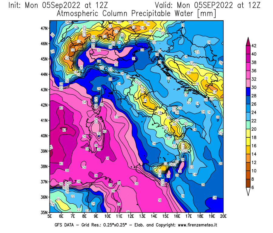 GFS analysi map - Precipitable Water [mm] in Italy
									on 05/09/2022 12 <!--googleoff: index-->UTC<!--googleon: index-->
