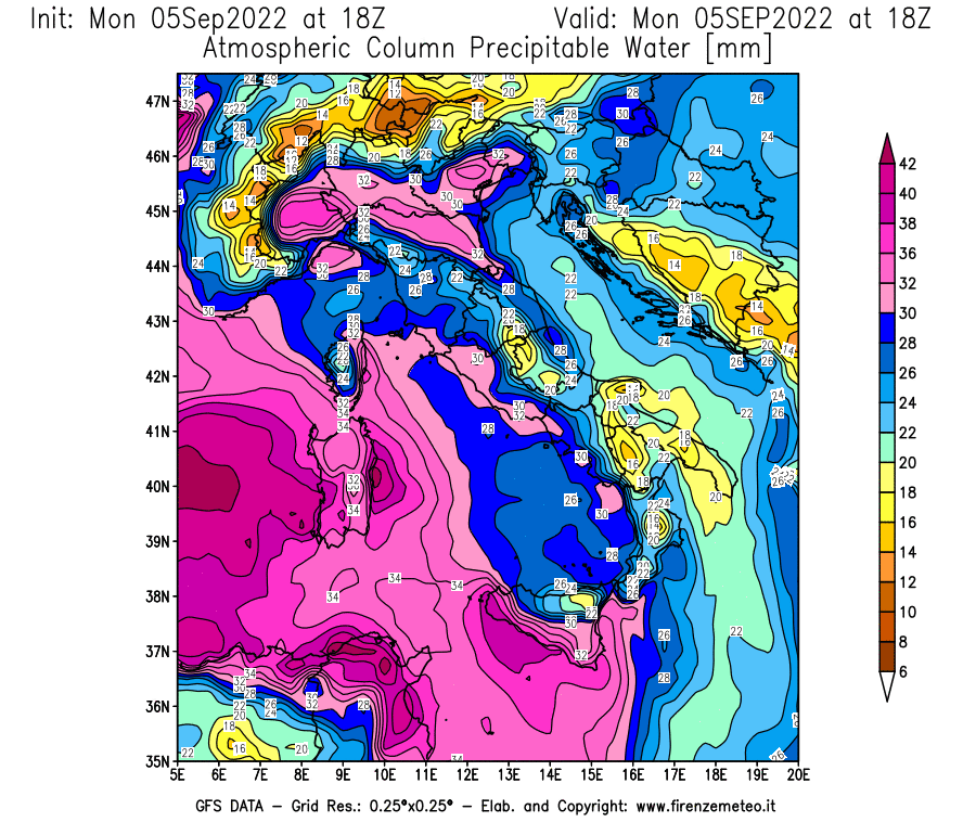 Mappa di analisi GFS - Precipitable Water [mm] in Italia
							del 05/09/2022 18 <!--googleoff: index-->UTC<!--googleon: index-->