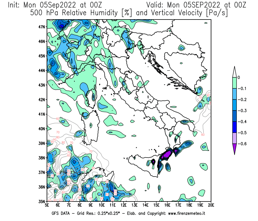 Mappa di analisi GFS - Umidità relativa [%] e Omega [Pa/s] a 500 hPa in Italia
							del 05/09/2022 00 <!--googleoff: index-->UTC<!--googleon: index-->