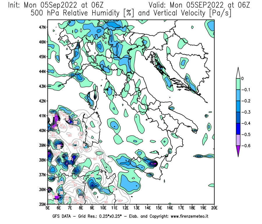 Mappa di analisi GFS - Umidità relativa [%] e Omega [Pa/s] a 500 hPa in Italia
							del 05/09/2022 06 <!--googleoff: index-->UTC<!--googleon: index-->