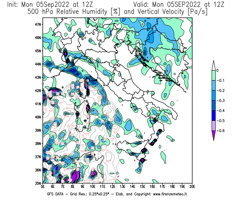 Mappa di analisi GFS - Umidità relativa [%] e Omega [Pa/s] a 500 hPa in Italia
							del 05/09/2022 12 <!--googleoff: index-->UTC<!--googleon: index-->
