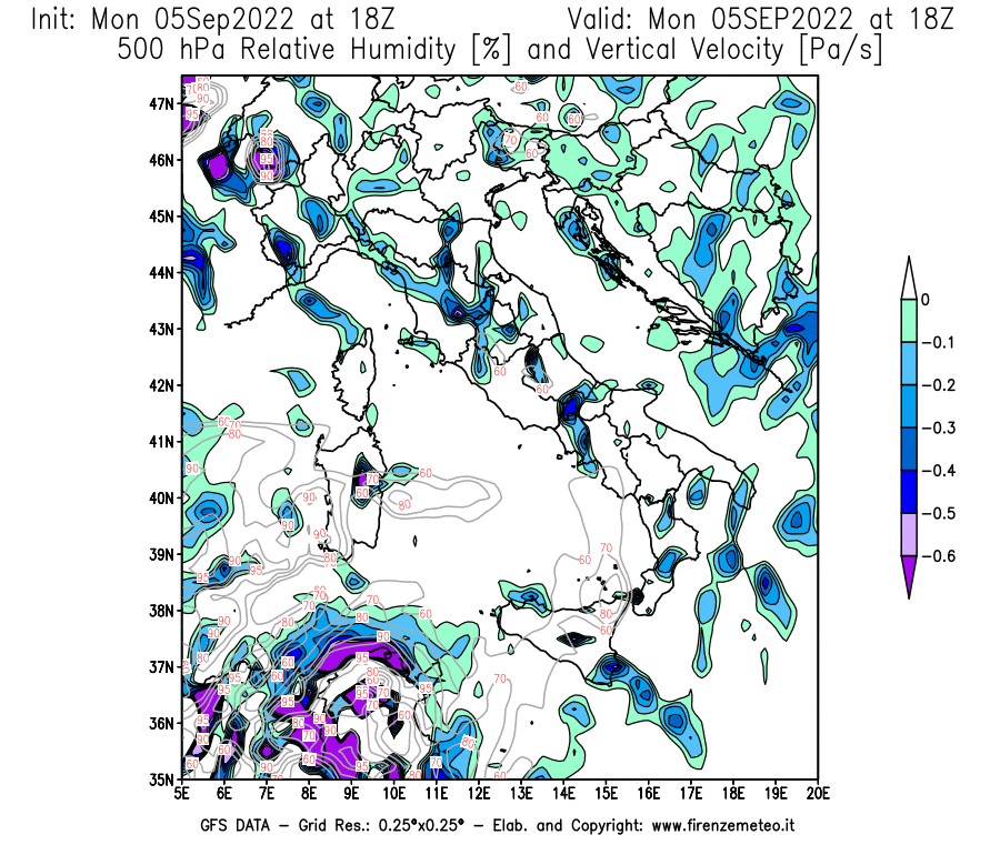 Mappa di analisi GFS - Umidità relativa [%] e Omega [Pa/s] a 500 hPa in Italia
							del 05/09/2022 18 <!--googleoff: index-->UTC<!--googleon: index-->