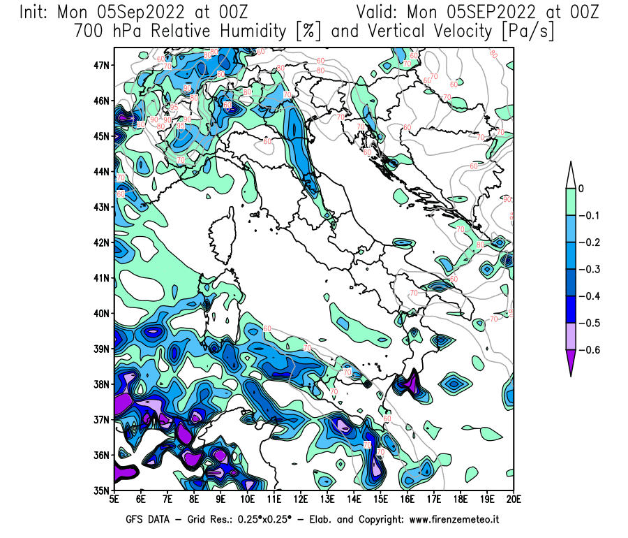 Mappa di analisi GFS - Umidità relativa [%] e Omega [Pa/s] a 700 hPa in Italia
							del 05/09/2022 00 <!--googleoff: index-->UTC<!--googleon: index-->