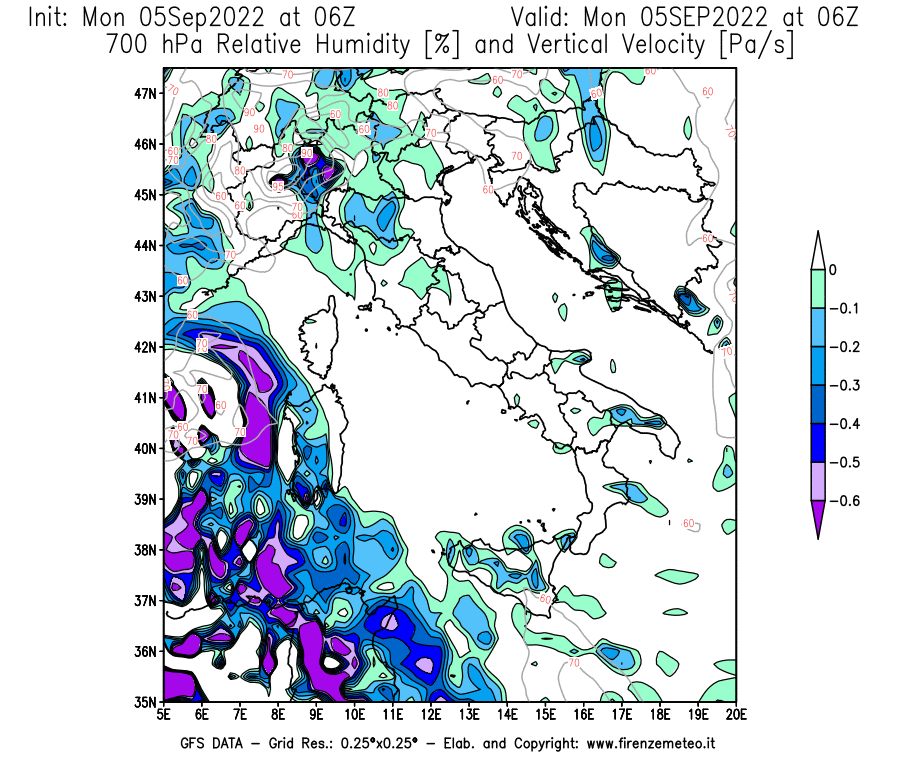 GFS analysi map - Relative Umidity [%] and Omega [Pa/s] at 700 hPa in Italy
									on 05/09/2022 06 <!--googleoff: index-->UTC<!--googleon: index-->