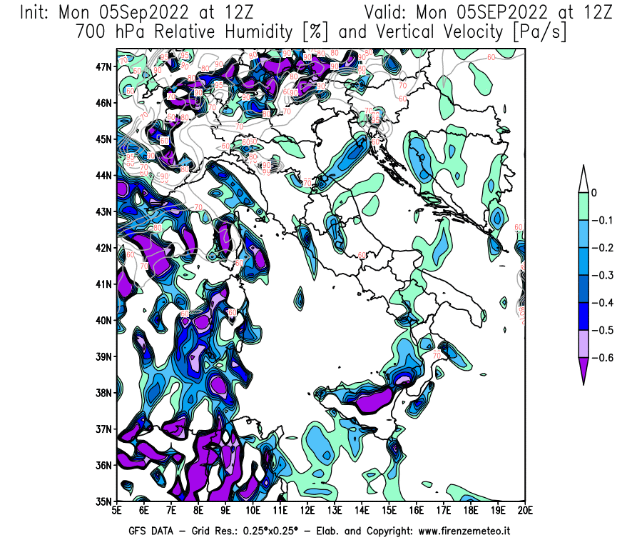 GFS analysi map - Relative Umidity [%] and Omega [Pa/s] at 700 hPa in Italy
									on 05/09/2022 12 <!--googleoff: index-->UTC<!--googleon: index-->
