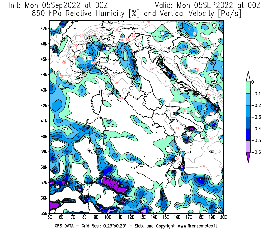Mappa di analisi GFS - Umidità relativa [%] e Omega [Pa/s] a 850 hPa in Italia
							del 05/09/2022 00 <!--googleoff: index-->UTC<!--googleon: index-->