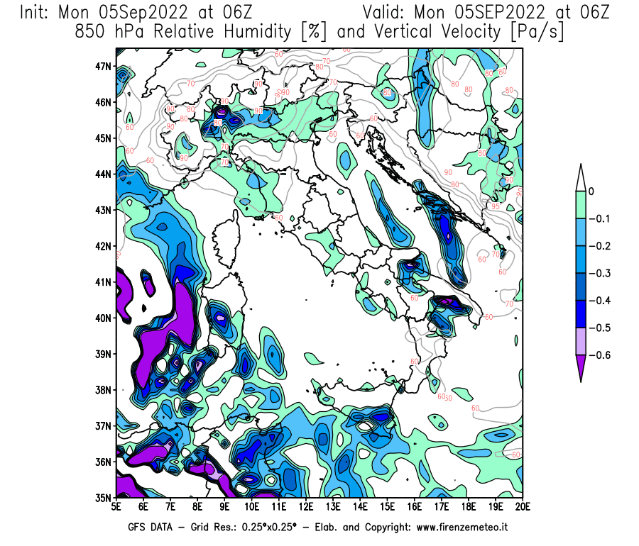 Mappa di analisi GFS - Umidità relativa [%] e Omega [Pa/s] a 850 hPa in Italia
							del 05/09/2022 06 <!--googleoff: index-->UTC<!--googleon: index-->