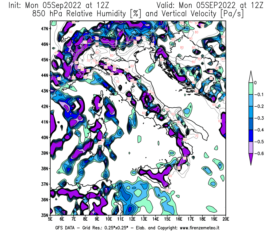 Mappa di analisi GFS - Umidità relativa [%] e Omega [Pa/s] a 850 hPa in Italia
							del 05/09/2022 12 <!--googleoff: index-->UTC<!--googleon: index-->