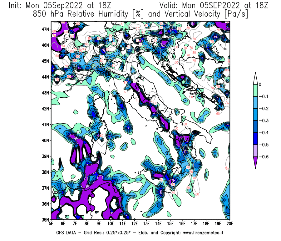 Mappa di analisi GFS - Umidità relativa [%] e Omega [Pa/s] a 850 hPa in Italia
							del 05/09/2022 18 <!--googleoff: index-->UTC<!--googleon: index-->