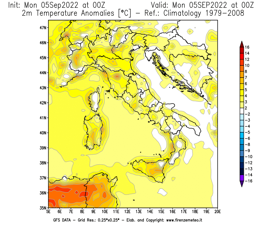 Mappa di analisi GFS - Anomalia Temperatura [°C] a 2 m in Italia
							del 05/09/2022 00 <!--googleoff: index-->UTC<!--googleon: index-->