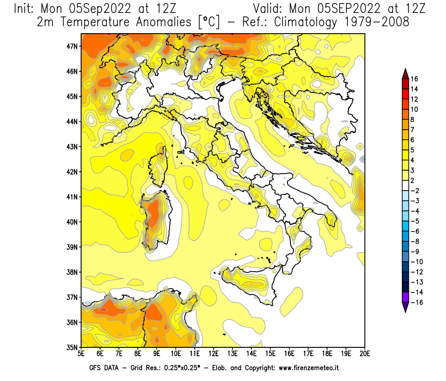 Mappa di analisi GFS - Anomalia Temperatura [°C] a 2 m in Italia
							del 05/09/2022 12 <!--googleoff: index-->UTC<!--googleon: index-->