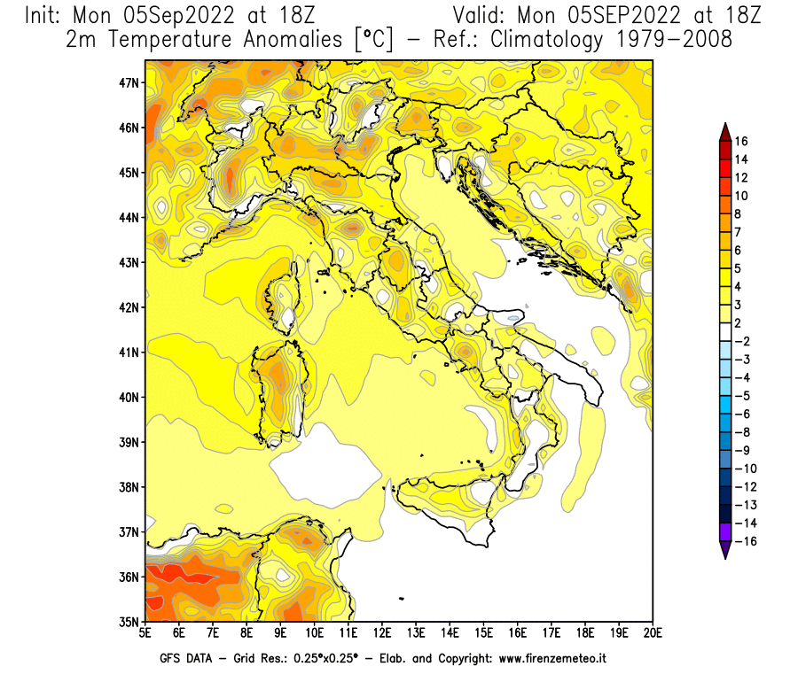 Mappa di analisi GFS - Anomalia Temperatura [°C] a 2 m in Italia
							del 05/09/2022 18 <!--googleoff: index-->UTC<!--googleon: index-->