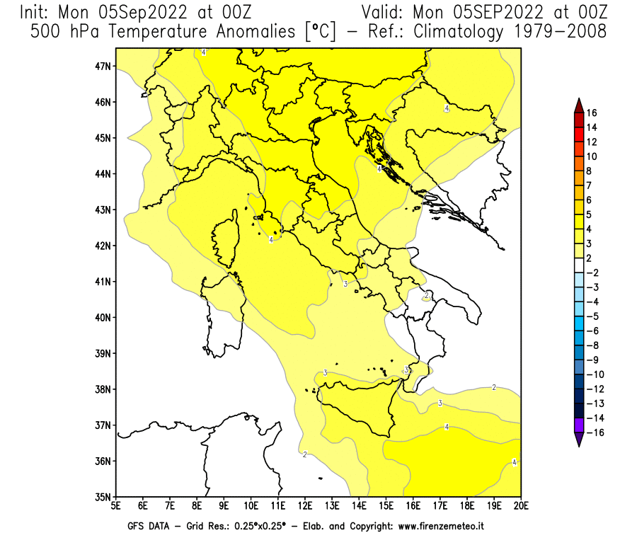 Mappa di analisi GFS - Anomalia Temperatura [°C] a 500 hPa in Italia
							del 05/09/2022 00 <!--googleoff: index-->UTC<!--googleon: index-->