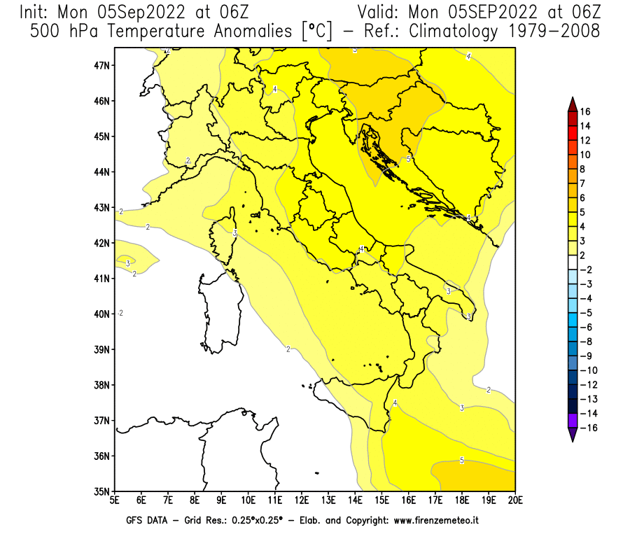 Mappa di analisi GFS - Anomalia Temperatura [°C] a 500 hPa in Italia
							del 05/09/2022 06 <!--googleoff: index-->UTC<!--googleon: index-->