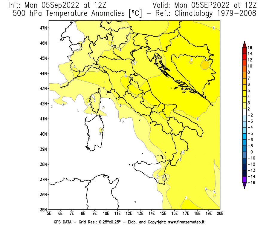 Mappa di analisi GFS - Anomalia Temperatura [°C] a 500 hPa in Italia
							del 05/09/2022 12 <!--googleoff: index-->UTC<!--googleon: index-->
