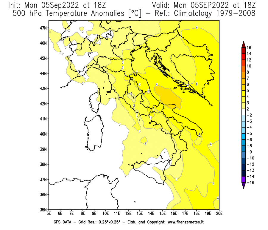 Mappa di analisi GFS - Anomalia Temperatura [°C] a 500 hPa in Italia
							del 05/09/2022 18 <!--googleoff: index-->UTC<!--googleon: index-->