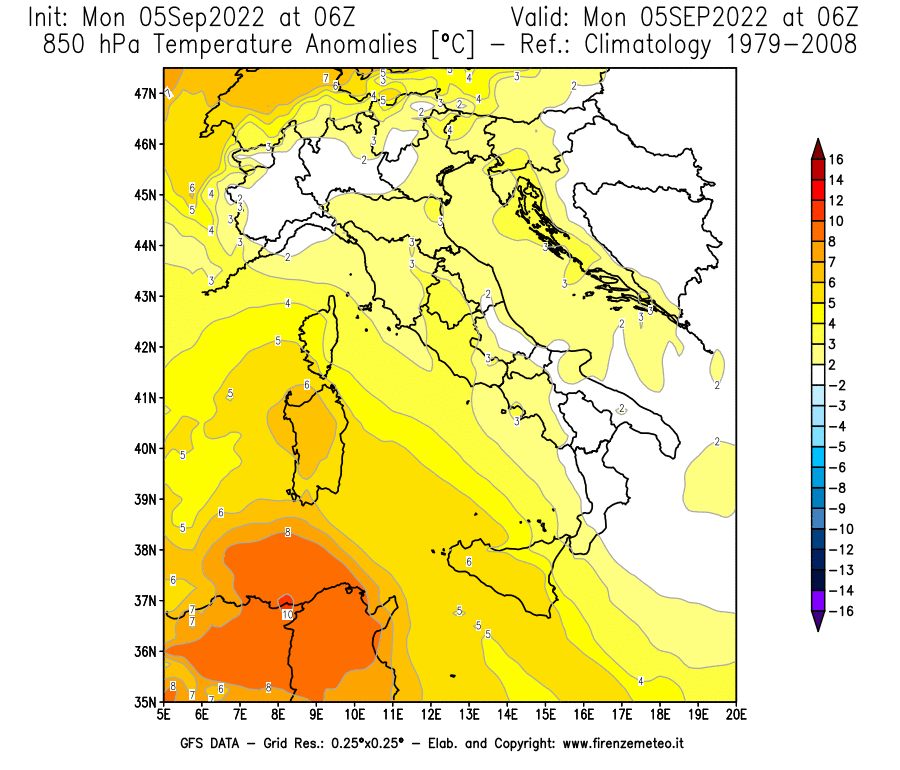 GFS analysi map - Temperature Anomalies [°C] at 850 hPa in Italy
									on 05/09/2022 06 <!--googleoff: index-->UTC<!--googleon: index-->
