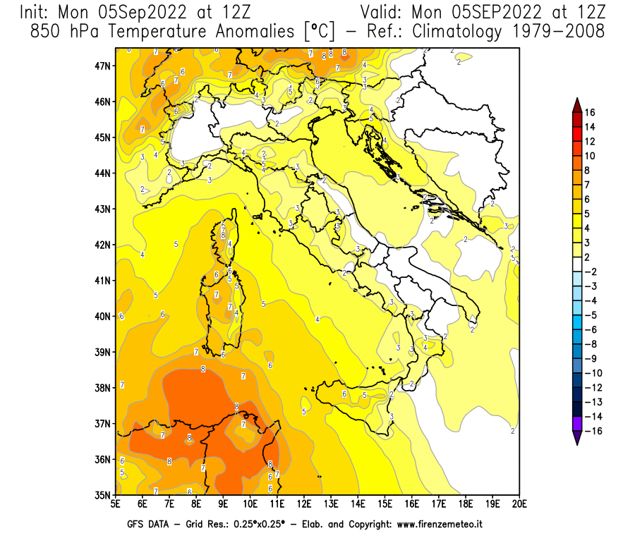 Mappa di analisi GFS - Anomalia Temperatura [°C] a 850 hPa in Italia
							del 05/09/2022 12 <!--googleoff: index-->UTC<!--googleon: index-->