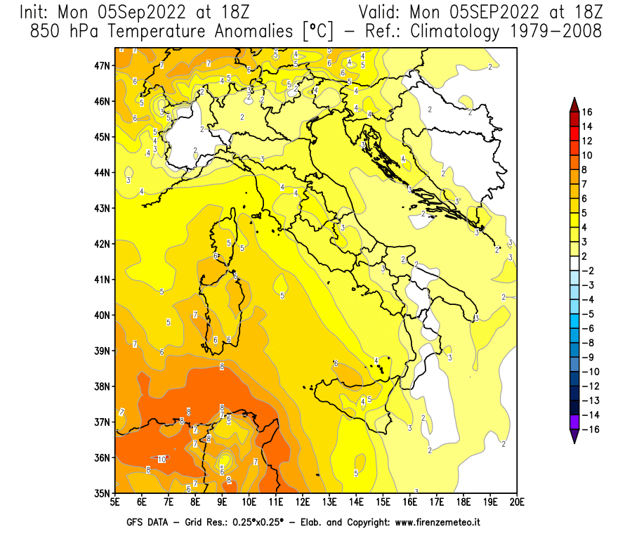 Mappa di analisi GFS - Anomalia Temperatura [°C] a 850 hPa in Italia
							del 05/09/2022 18 <!--googleoff: index-->UTC<!--googleon: index-->