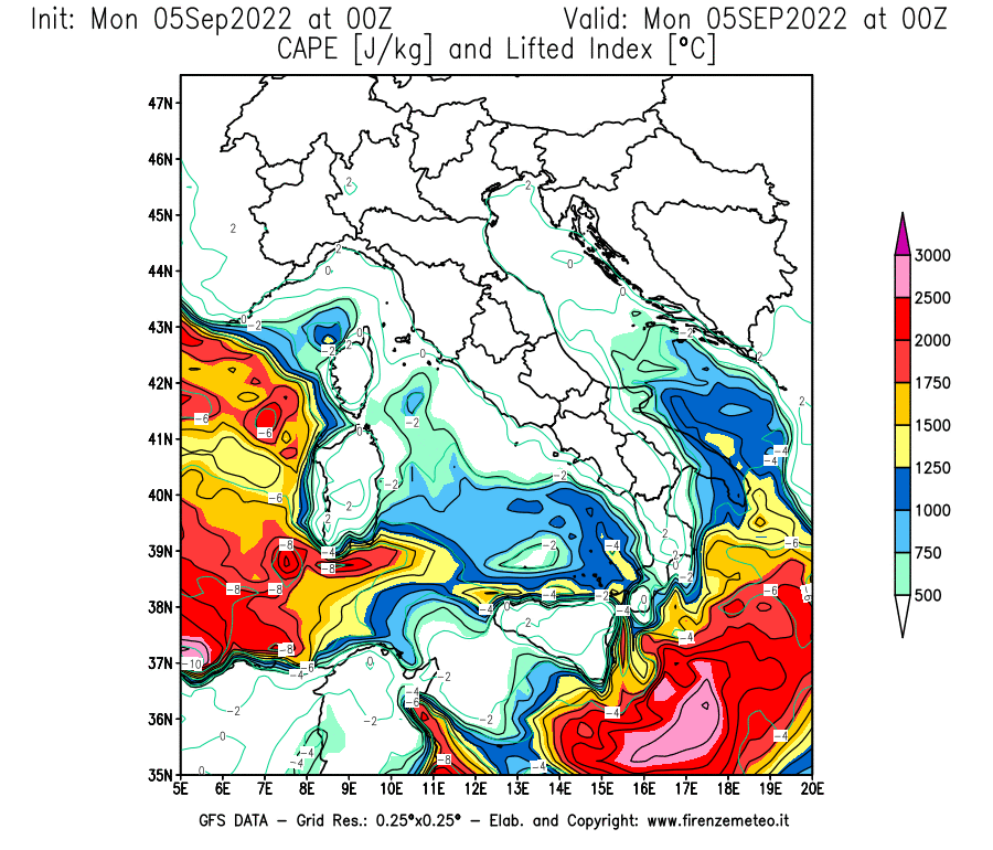 GFS analysi map - CAPE [J/kg] and Lifted Index [°C] in Italy
									on 05/09/2022 00 <!--googleoff: index-->UTC<!--googleon: index-->