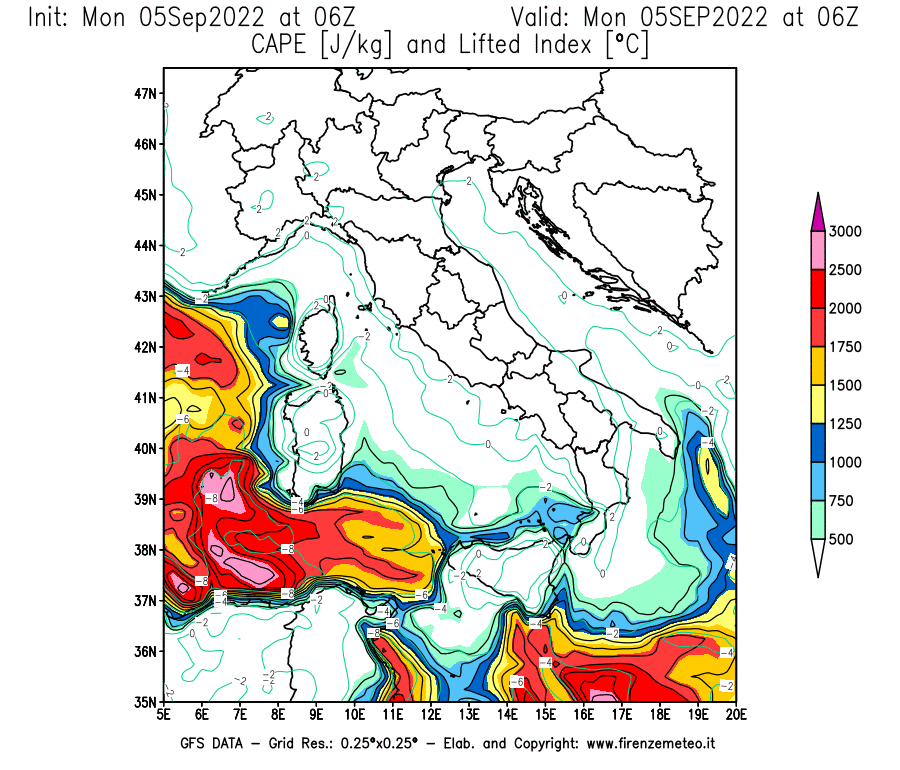 GFS analysi map - CAPE [J/kg] and Lifted Index [°C] in Italy
									on 05/09/2022 06 <!--googleoff: index-->UTC<!--googleon: index-->