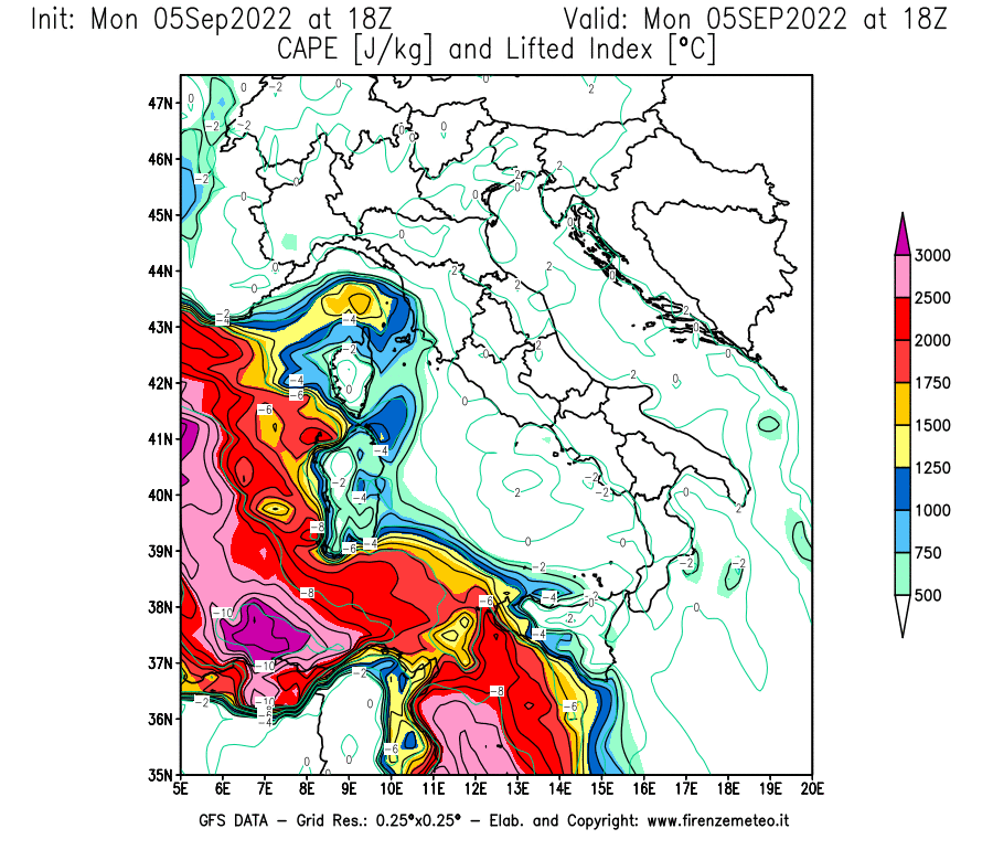 GFS analysi map - CAPE [J/kg] and Lifted Index [°C] in Italy
									on 05/09/2022 18 <!--googleoff: index-->UTC<!--googleon: index-->