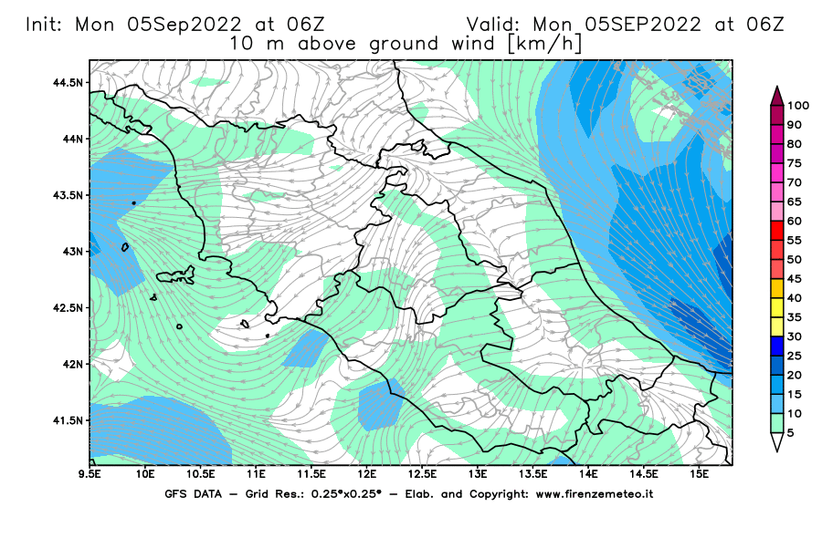 Mappa di analisi GFS - Velocità del vento a 10 metri dal suolo [km/h] in Centro-Italia
							del 05/09/2022 06 <!--googleoff: index-->UTC<!--googleon: index-->