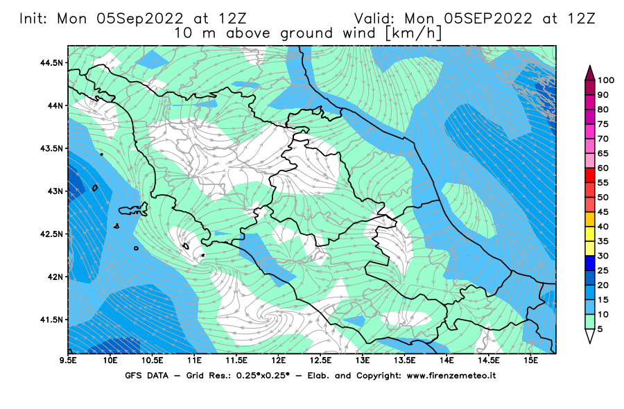 Mappa di analisi GFS - Velocità del vento a 10 metri dal suolo [km/h] in Centro-Italia
							del 05/09/2022 12 <!--googleoff: index-->UTC<!--googleon: index-->