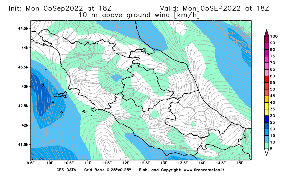 Mappa di analisi GFS - Velocità del vento a 10 metri dal suolo [km/h] in Centro-Italia
							del 05/09/2022 18 <!--googleoff: index-->UTC<!--googleon: index-->