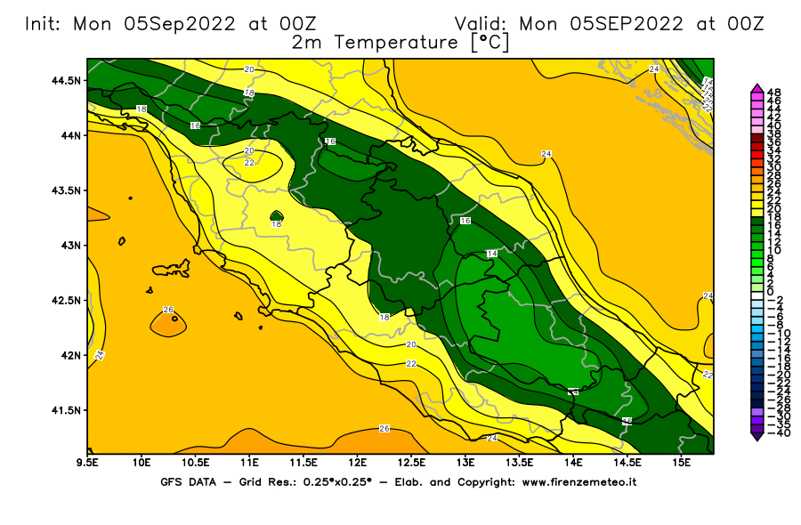Mappa di analisi GFS - Temperatura a 2 metri dal suolo [°C] in Centro-Italia
							del 05/09/2022 00 <!--googleoff: index-->UTC<!--googleon: index-->
