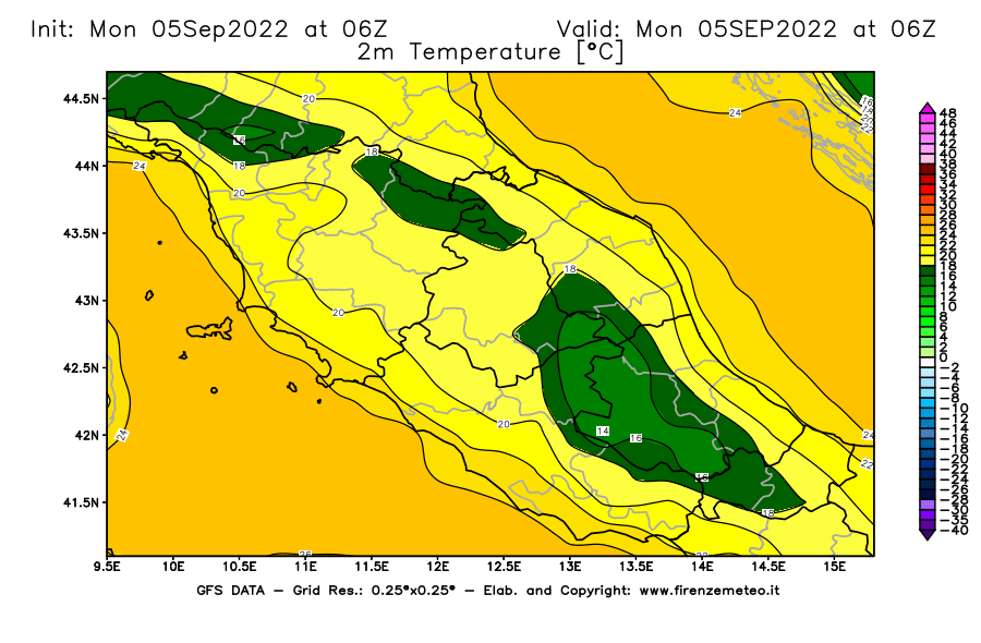 Mappa di analisi GFS - Temperatura a 2 metri dal suolo [°C] in Centro-Italia
							del 05/09/2022 06 <!--googleoff: index-->UTC<!--googleon: index-->