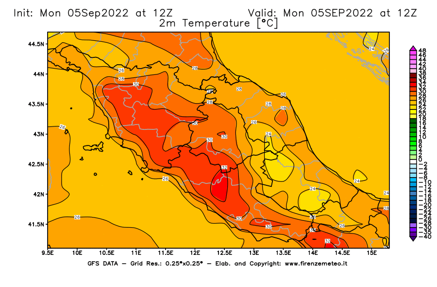 Mappa di analisi GFS - Temperatura a 2 metri dal suolo [°C] in Centro-Italia
							del 05/09/2022 12 <!--googleoff: index-->UTC<!--googleon: index-->