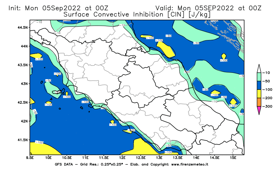 Mappa di analisi GFS - CIN [J/kg] in Centro-Italia
							del 05/09/2022 00 <!--googleoff: index-->UTC<!--googleon: index-->