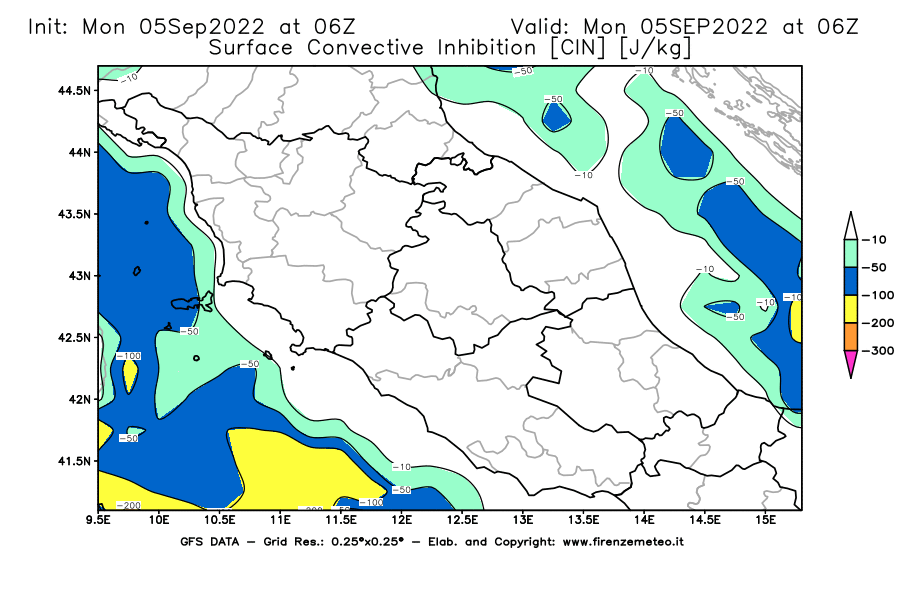 Mappa di analisi GFS - CIN [J/kg] in Centro-Italia
							del 05/09/2022 06 <!--googleoff: index-->UTC<!--googleon: index-->
