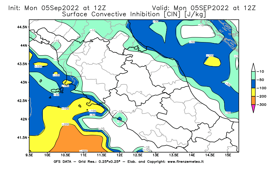 GFS analysi map - CIN [J/kg] in Central Italy
									on 05/09/2022 12 <!--googleoff: index-->UTC<!--googleon: index-->