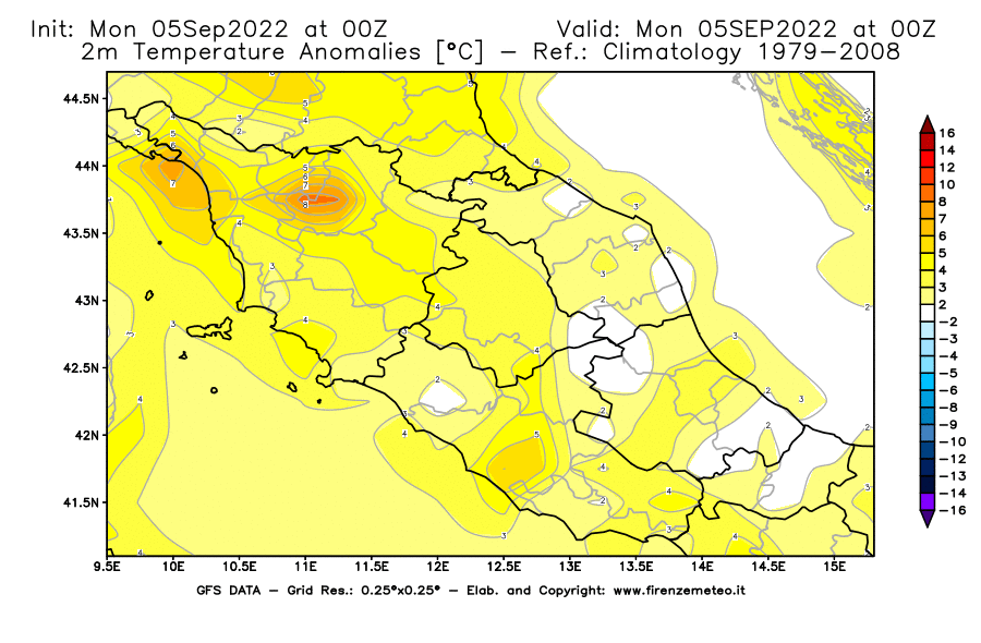 Mappa di analisi GFS - Anomalia Temperatura [°C] a 2 m in Centro-Italia
							del 05/09/2022 00 <!--googleoff: index-->UTC<!--googleon: index-->