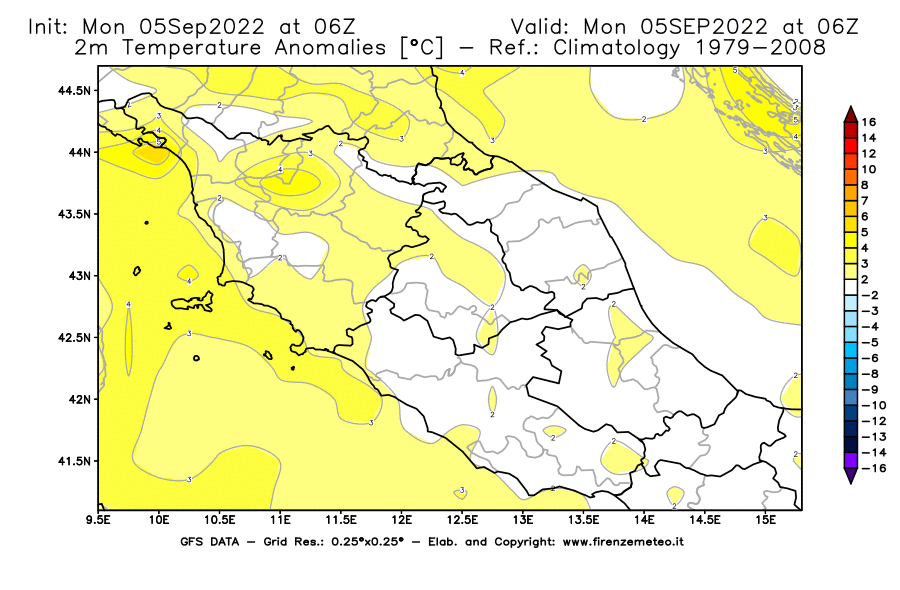 Mappa di analisi GFS - Anomalia Temperatura [°C] a 2 m in Centro-Italia
							del 05/09/2022 06 <!--googleoff: index-->UTC<!--googleon: index-->