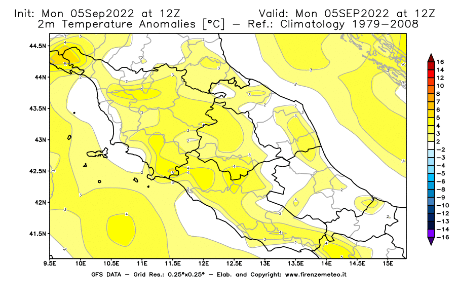 Mappa di analisi GFS - Anomalia Temperatura [°C] a 2 m in Centro-Italia
							del 05/09/2022 12 <!--googleoff: index-->UTC<!--googleon: index-->