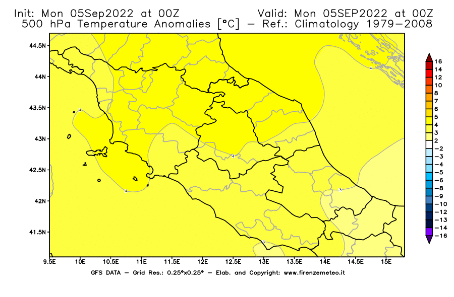 Mappa di analisi GFS - Anomalia Temperatura [°C] a 500 hPa in Centro-Italia
							del 05/09/2022 00 <!--googleoff: index-->UTC<!--googleon: index-->
