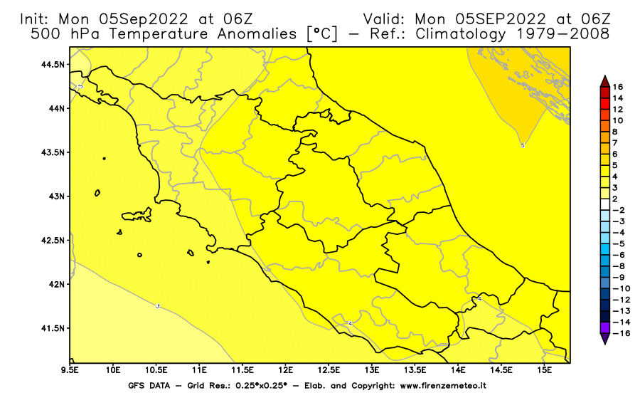 Mappa di analisi GFS - Anomalia Temperatura [°C] a 500 hPa in Centro-Italia
							del 05/09/2022 06 <!--googleoff: index-->UTC<!--googleon: index-->