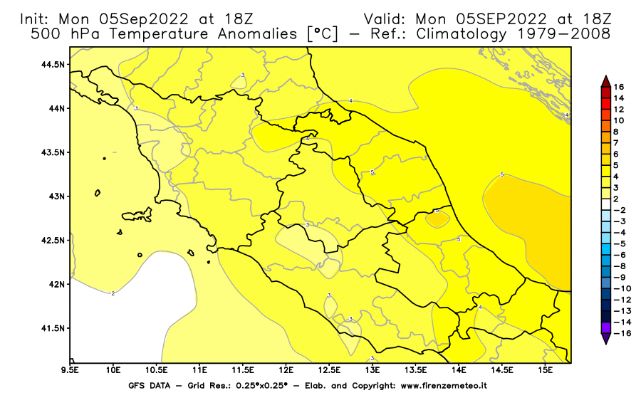 GFS analysi map - Temperature Anomalies [°C] at 500 hPa in Central Italy
									on 05/09/2022 18 <!--googleoff: index-->UTC<!--googleon: index-->
