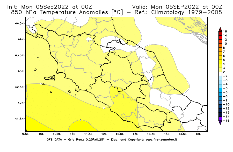 GFS analysi map - Temperature Anomalies [°C] at 850 hPa in Central Italy
									on 05/09/2022 00 <!--googleoff: index-->UTC<!--googleon: index-->