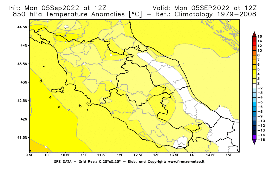 Mappa di analisi GFS - Anomalia Temperatura [°C] a 850 hPa in Centro-Italia
							del 05/09/2022 12 <!--googleoff: index-->UTC<!--googleon: index-->